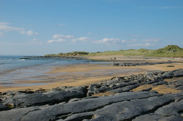 a sandy beach with a few people walking on it